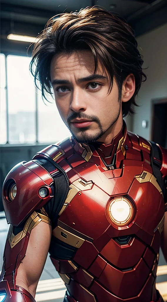 8k, realistic, attractive, highly detailed, a 25 year old man and attractive man inspired by Iron Man wearing a shiny Iron Man mech, perfectly interpreting Iron Man's strength and charisma. The abandoned warehouse serves as a backdrop, creating a unique atmosphere that highlights her bravery and perseverance. The tall buildings and buildings on the street exude the unique charm of cyberpunk, and the neon light outlines the outline of the city, which sets off the powerful strength and personality charm of Iron Man. This high-definition, high-quality picture will bring you stunning visual enjoyment, a perfect combination of sexy, futuristic and sci-fi elements. oc rendering, dramatic lighting, award winning quality