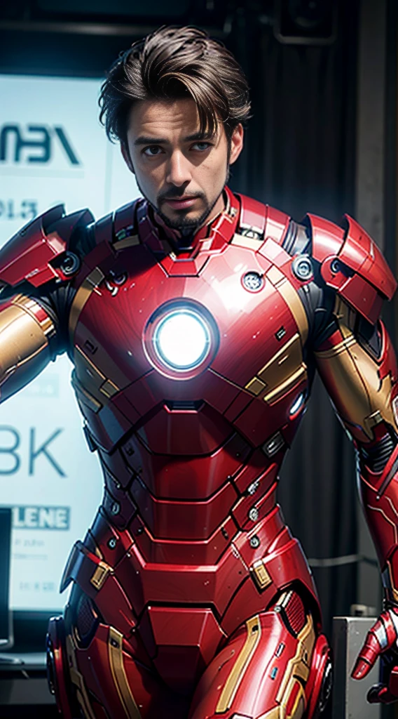 8k, realistic, attractive, highly detailed, a 25 year old man and attractive man inspired by Iron Man wearing a shiny Iron Man mech, perfectly interpreting Iron Man's strength and charisma. The abandoned warehouse serves as a backdrop, creating a unique atmosphere that highlights her bravery and perseverance. The tall buildings and buildings on the street exude the unique charm of cyberpunk, and the neon light outlines the outline of the city, which sets off the powerful strength and personality charm of Iron Man. This high-definition, high-quality picture will bring you stunning visual enjoyment, a perfect combination of sexy, futuristic and sci-fi elements. oc rendering, dramatic lighting, award winning quality