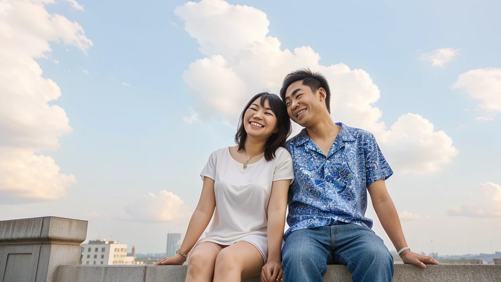 asian couple are sitting on a ledge together and smiling for the camera, smiling couple, happy couple, man, advertising photo, portrait image, mixed art, romantic couple, marketing photo, looking at each other mindlessly, couple, low angle perspective, looking to the sky, man and woman in love, portrait shot, looking off into the distance, looking happy, lovely couple, waering casual shirts