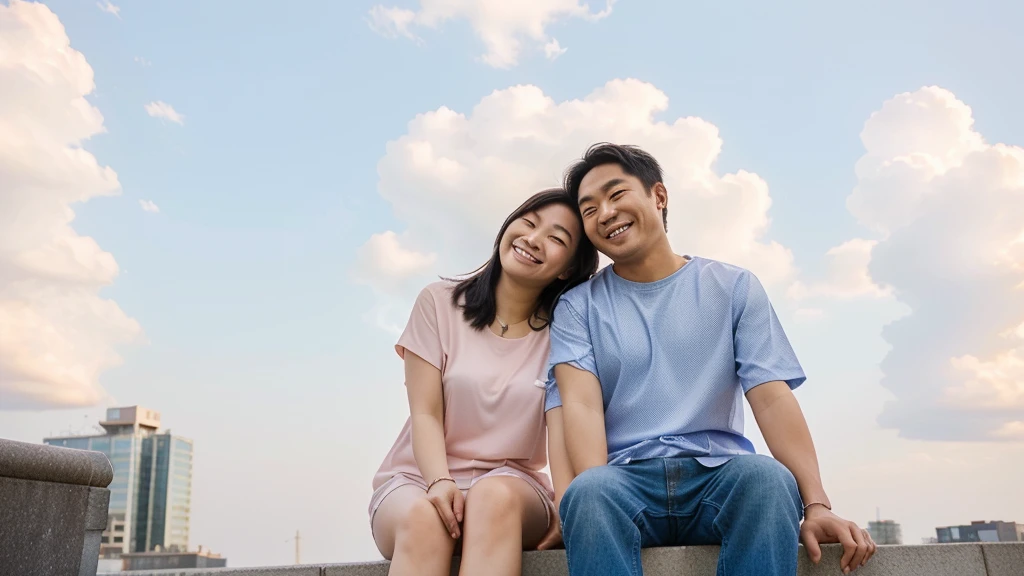 asian couple are sitting on a ledge together and smiling for the camera, smiling couple, happy couple, man, advertising photo, portrait image, mixed art, romantic couple, marketing photo, looking at each other mindlessly, couple, low angle perspective, looking to the sky, man and woman in love, portrait shot, looking off into the distance, looking happy, lovely couple, waering casual shirts