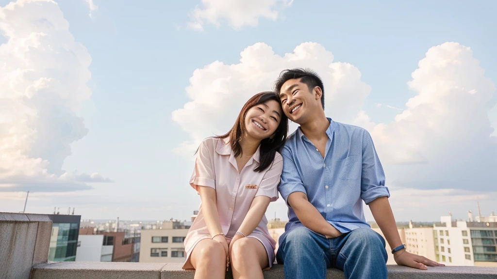 asian couple are sitting on a ledge together and smiling for the camera, smiling couple, happy couple, man, advertising photo, portrait image, mixed art, romantic couple, marketing photo, looking at each other mindlessly, couple, low angle perspective, looking to the sky, man and woman in love, portrait shot, looking off into the distance, looking happy, lovely couple, waering casual shirts