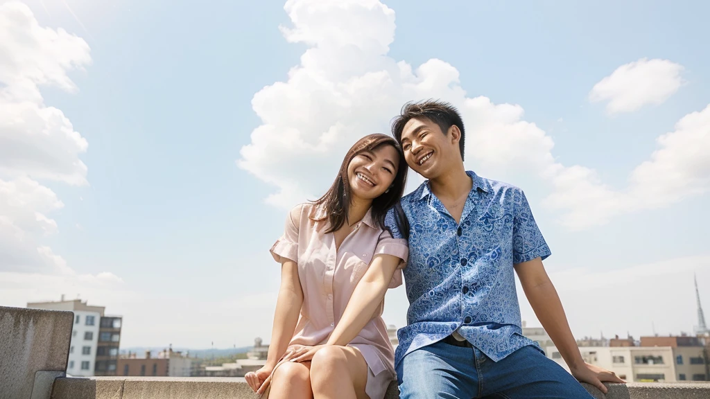 asian couple are sitting on a ledge together and smiling for the camera, smiling couple, happy couple, man, advertising photo, portrait image, mixed art, romantic couple, marketing photo, looking at each other mindlessly, couple, low angle perspective, looking to the sky, man and woman in love, portrait shot, looking off into the distance, looking happy, lovely couple, waering casual shirts