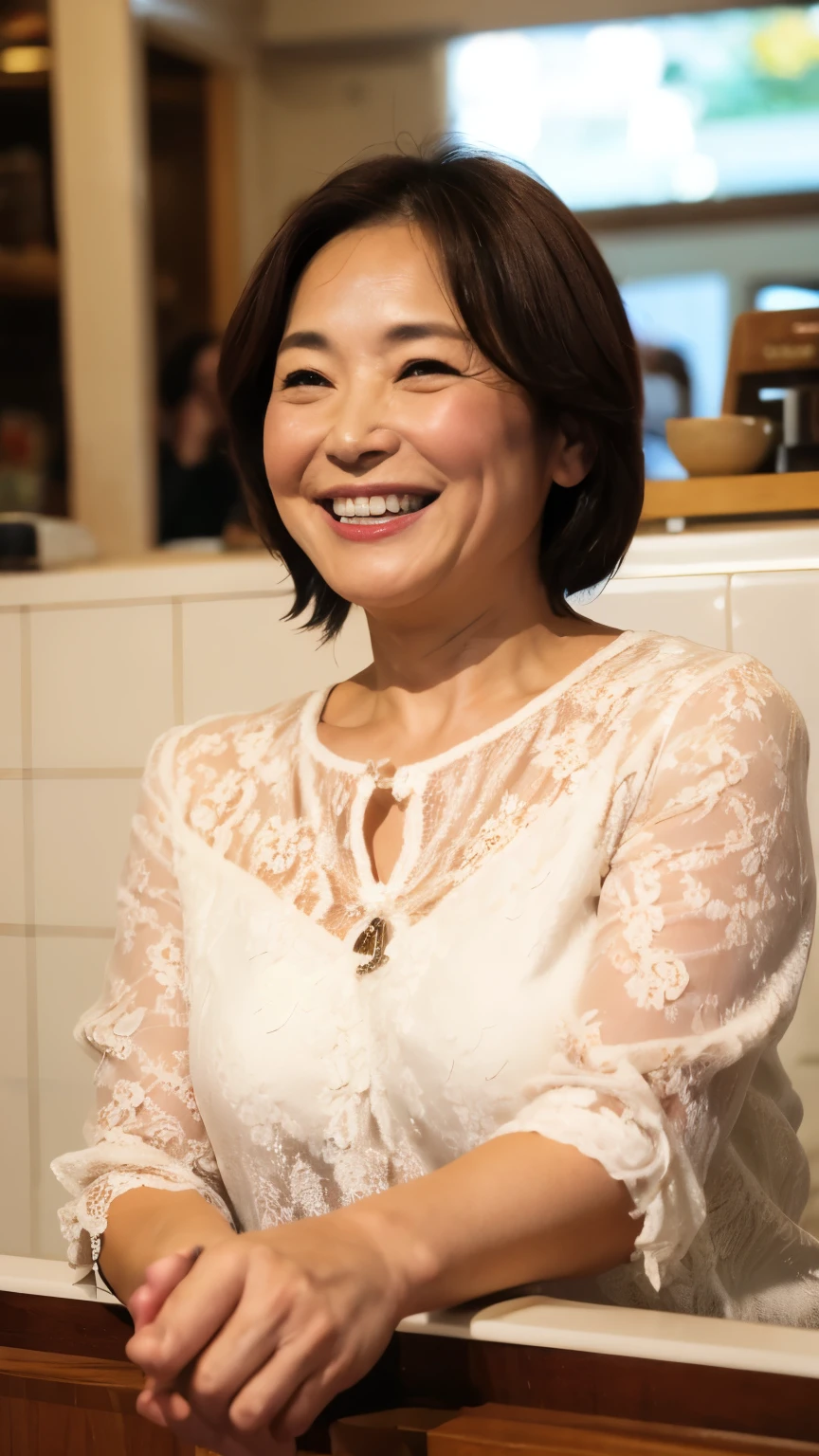 8k wallpaper, masterpiece, Highest quality, Super detailed, One Mature Woman, 50 years old, Become very clear, Wearing a short-sleeved blouse, Skin dents, Captivating smile, Looking at the audience, , plump, Curvaceous, Fascinating face, Smiling with teeth showing, Wrinkles around the eyes, Sit at a coffee shop, Background Blur