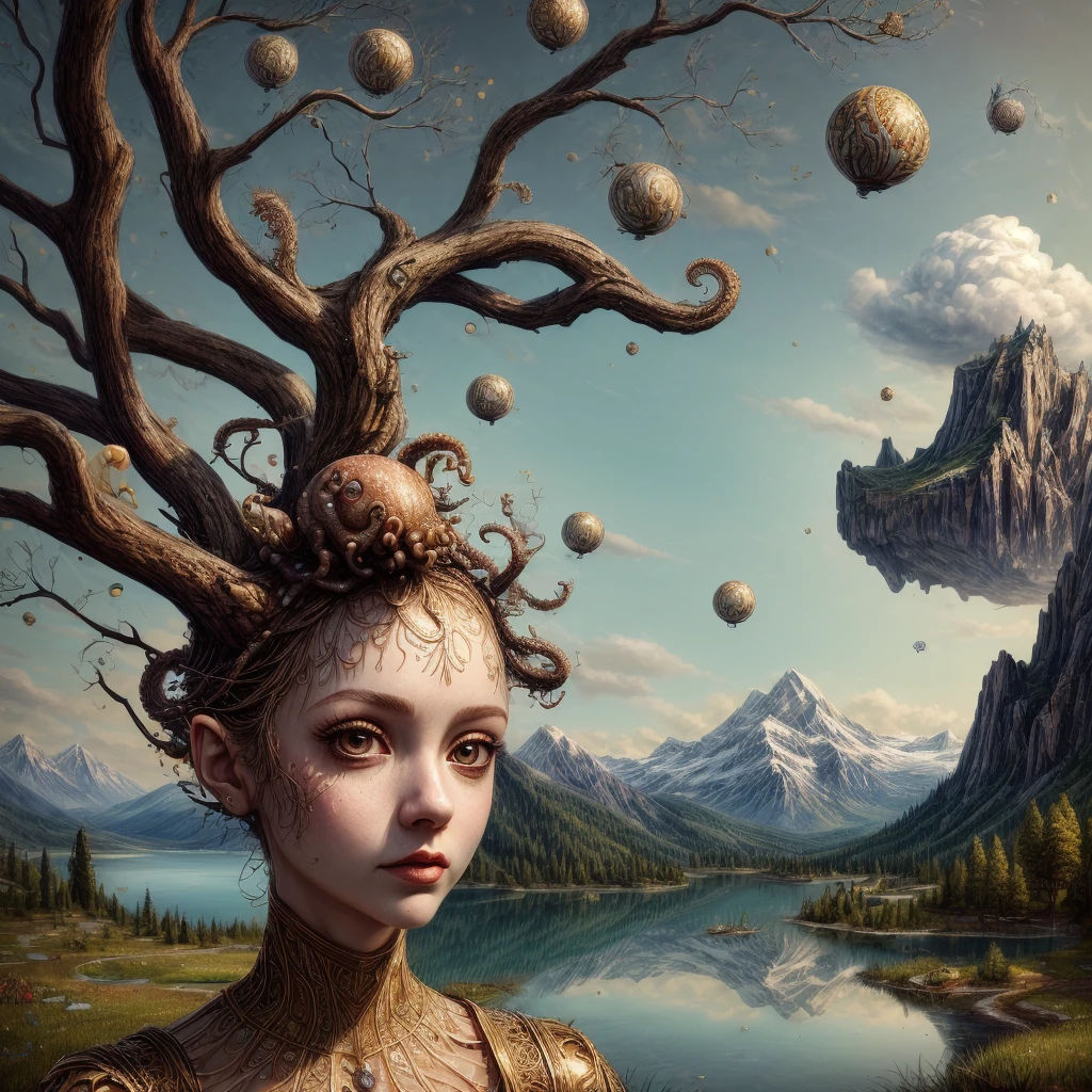 (masterpiece, hi resolution, hd wallpaper, extra resolution, best quality, intricate details:1.3), a head flying in the sky and turning into octopus with squids instead of hair, pretty face, big eyes with elegant eyelashes, surrealistic landscape with a grassy area and a lake on the foreground and trees and mountain on the background, abstract shapes and dead black tree growing on the head while head flying in the sky, liquid flash, balls, artwork by AIDA_NH_humans, surrealistic portrait in style of AIDA_NH_humans 