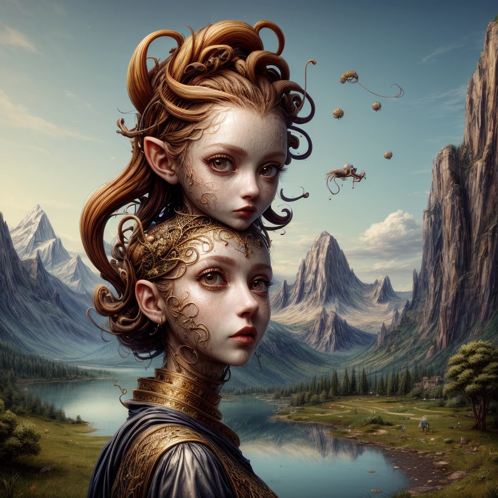 (masterpiece, hi resolution, hd wallpaper, extra resolution, best quality, intricate details:1.3), a head flying in the sky and turning into octopus with squids instead of hair, pretty face, big eyes with elegant eyelashes, surrealistic landscape with a grassy area and a lake on the foreground and trees and mountain on the background, abstract shapes and dead black tree growing on the head while head flying in the sky, liquid flash, balls, artwork by AIDA_NH_humans, surrealistic portrait in style of AIDA_NH_humans 