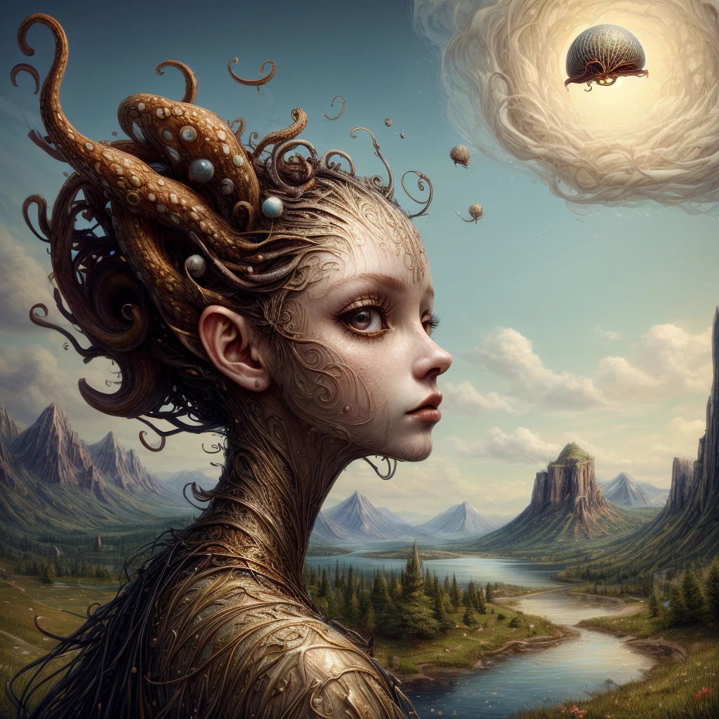 (masterpiece, hi resolution, hd wallpaper, extra resolution, best quality, intricate details:1.3), a head flying in the sky and turning into octopus with squids instead of hair, pretty face, big eyes with elegant eyelashes, surrealistic landscape with a grassy area and a lake on the foreground and trees and mountain on the background, abstract shapes and dead black tree growing on the head while head flying in the sky, liquid flash, balls, artwork by AIDA_NH_humans, surrealistic portrait in style of AIDA_NH_humans 