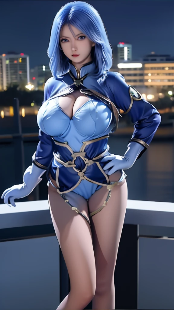 DLDL water ice tray, 1 girl, alone, blue hair, blue eyes,skirt,Single thigh high,thigh strap,long sleeves,Clothes tailoring, Capulet, Gloves, looking at the audience, city View, night, sensual female, hands on hips,  Big breasts，big breasts，Show breasts，exposing her chest