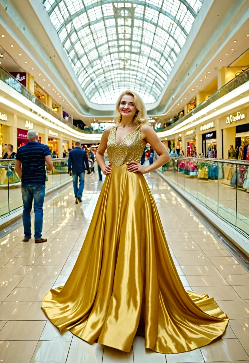 Blonde woman, Ukraine, saying FLORIAN, wide golden dress, shopping mall