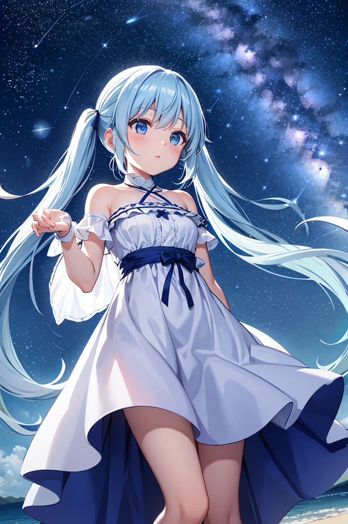 Night sky beach、Lots of shooting stars、Light blue long hair、Beautiful girl with twin tails、White long dress、Looking up at a shooting star