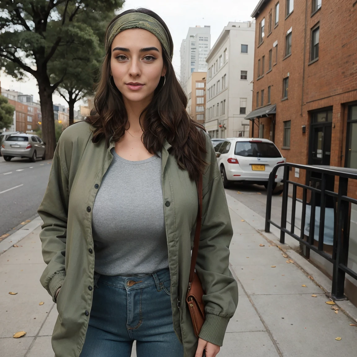 Extremely busty thin and toned brunette photographer, college girl, fair skin, loose side sweep, soft face, athletic, bandana babushka headwrap, tight olive green casual windbreaker, skinny jeans. standing in front of her apartment building, outdoors, city, camera bag, cleavage 