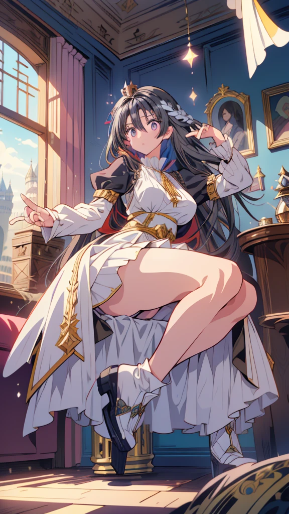 best quality, extremely detailed, anime style adult 1girl, long hair down to the waist, straight hair, ((dark black hair with bluish)),crown braid,beautiful detailed eyes, pinched eyes, dark blue eyes, huge breasts,curvy,(((white main princess colorful dress))),longskirt,Clothing with intricate decorations,feather and colorful accessory,((foppery shoes)),fluttering cloak,animation cap,animated gif,((((castle room)))),pov