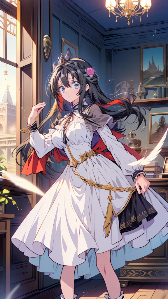 best quality, extremely detailed, anime style adult 1girl, long hair down to the waist, straight hair, ((dark black hair with bluish)),crown braid,beautiful detailed eyes, pinched eyes, dark blue eyes, huge breasts,curvy,(((white main princess colorful dress))),longskirt,Clothing with intricate decorations,feather and colorful accessory,((foppery shoes)),fluttering cloak,animation cap,animated gif,((((castle room)))),pov