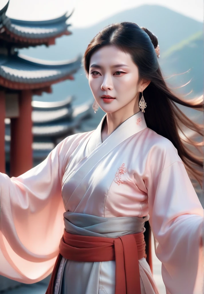 highly detailed skin, highly detailed face, actress portrait, hanfu, tang style, gzl, hong kong city view, silver earrings, blush,(),20 years old, gzl, hem of hanfu dress resembles smoke, fractal art, long hair , typhoon, arms up, fighting stance, close range, looking towards the audience