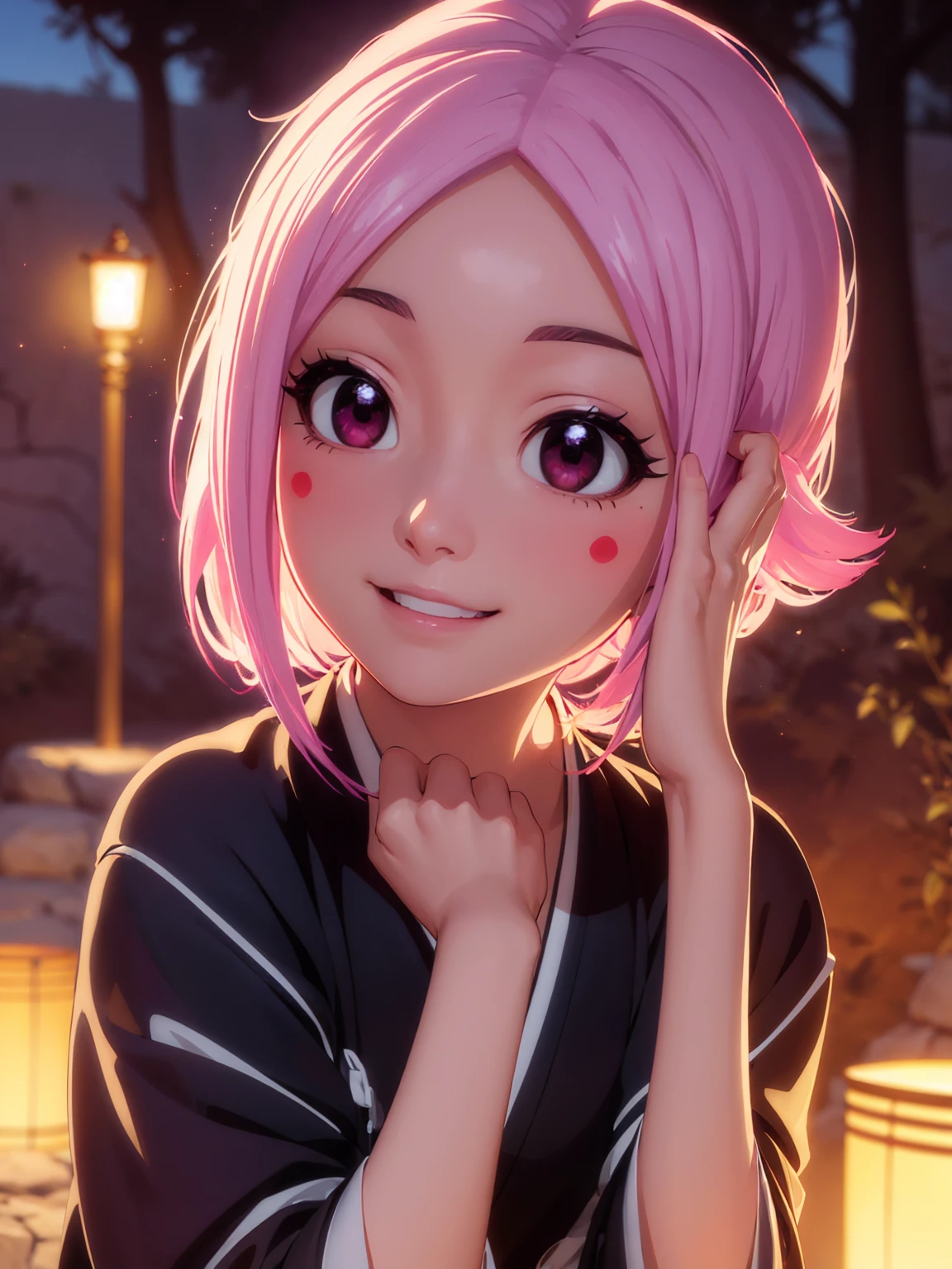 ((ultra detailed work)) , ((vivid colors solar lighting)) , ((face detailed)) , ((body detailed)) a beautiful young woman fixing her hair with a beautiful smile. Yachiru to update