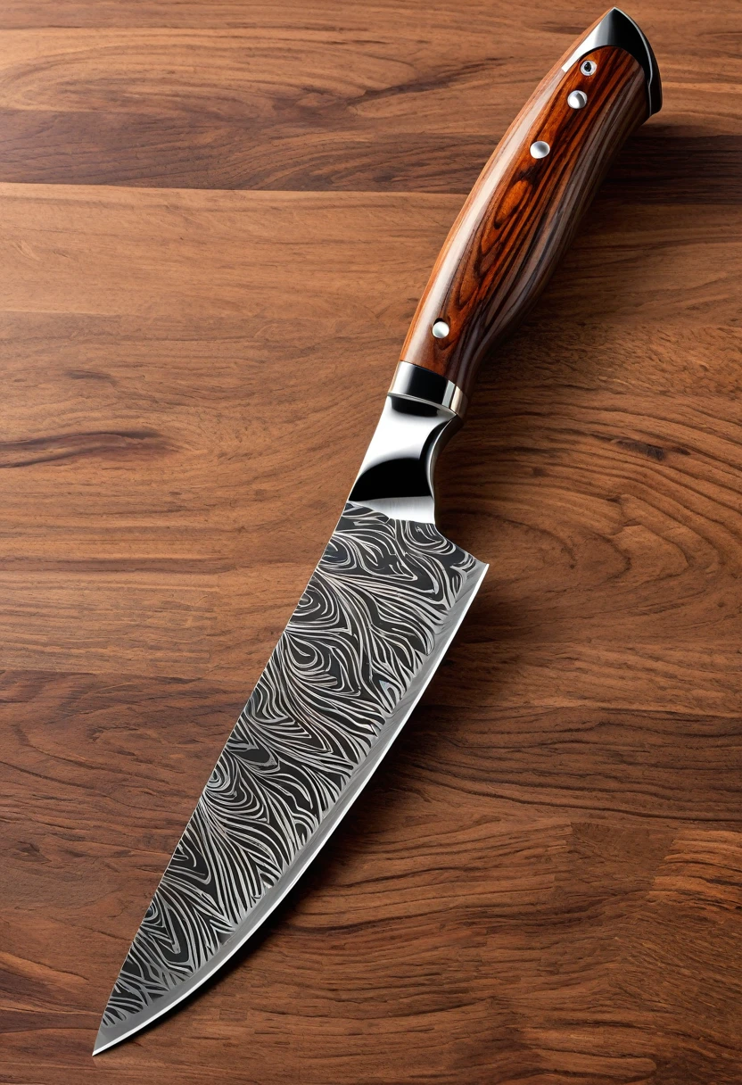 Photorealistic 8K product image of premium chef's knife. 8-inch VG-10 blade, 33-layer Damascus pattern, mirror-polished. Razor-sharp 15-degree edge. Handle: stabilized Pakkawood, warm brown (hex #8B4513), visible grain, lighter (#A0522D) and darker (#663300) streaks. Subtle resin sheen. Ergonomic shape, 12cm long, 2.5cm at bolster to 2cm at butt. Full tang, 3 steel rivets. Small 'Smart-Edge' logo near heel. Knife on walnut board (#723D0C). Brown leather sheath (#8B4513) with logo. Main light upper left, fill light lower right. Light grey backdrop (#D3D3D3) to white (#FFFFFF). Knife at 45° angle, blade right. Sheath parallel to knife, slightly behind and to the left. A sprig of rosemary and halved lemon in lower left. Satin finish handle. Bolster transition visible. Balanced composition emphasizing knife's quality and practicality. Ultra-sharp focus on knife, slight blur on background. Professional studio lighting highlighting Damascus pattern and wood grain. Softbox reflection on blade. Image conveys premium yet approachable design for home cooks