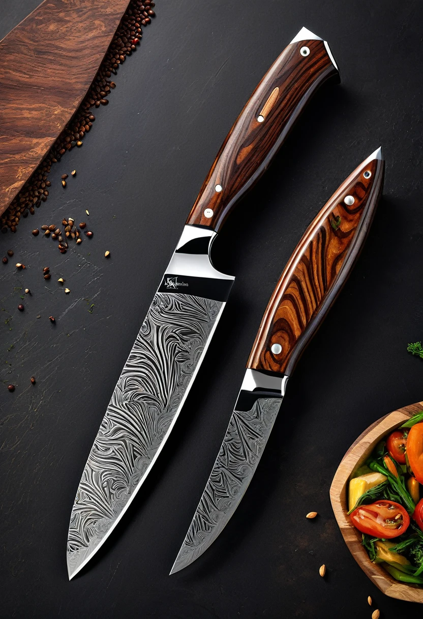 Photorealistic 8K product image of premium chef's knife. 8-inch VG-10 blade, 33-layer Damascus pattern, mirror-polished. Razor-sharp 15-degree edge. Handle: stabilized Pakkawood, warm brown (hex #8B4513), visible grain, lighter (#A0522D) and darker (#663300) streaks. Subtle resin sheen. Ergonomic shape, 12cm long, 2.5cm at bolster to 2cm at butt. Full tang, 3 steel rivets. Small 'Smart-Edge' logo near heel. Knife on walnut board (#723D0C). Brown leather sheath (#8B4513) with logo. Main light upper left, fill light lower right. Light grey backdrop (#D3D3D3) to white (#FFFFFF). Knife at 45° angle, blade right. Sheath parallel to knife, slightly behind and to the left. A sprig of rosemary and halved lemon in lower left. Satin finish handle. Bolster transition visible. Balanced composition emphasizing knife's quality and practicality. Ultra-sharp focus on knife, slight blur on background. Professional studio lighting highlighting Damascus pattern and wood grain. Softbox reflection on blade. Image conveys premium yet approachable design for home cooks