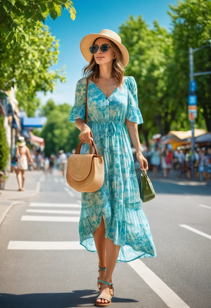 Full-length, stylish woman on the street on a summer day. She is wearing a light summer dress with comfortable sandals. She has a straw hat for sun protection and sunglasses. She is holding a small bag in her hand. The background includes busy streets, green trees, and a bright blue sky. The atmosphere is fresh and full of summer vibes.