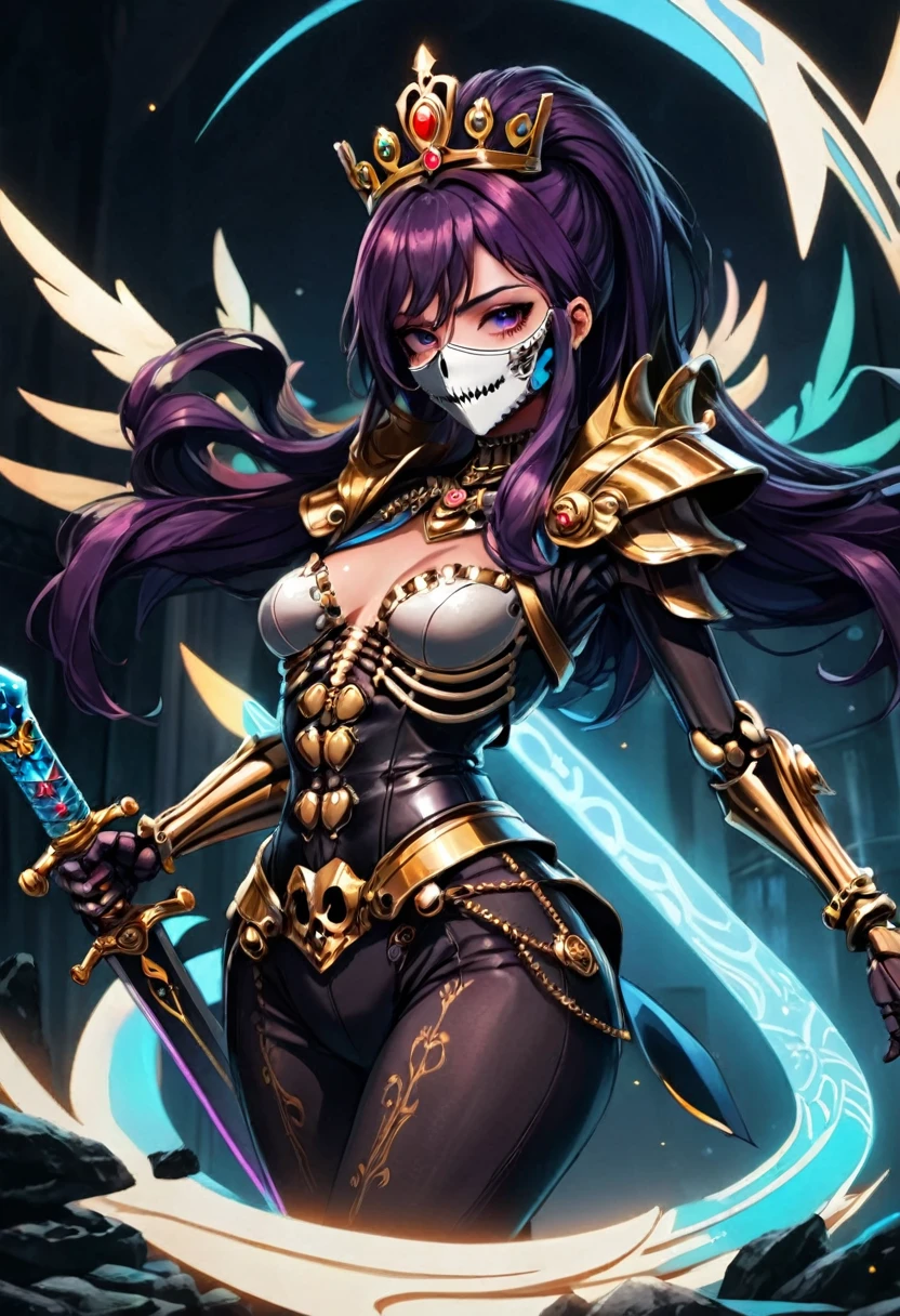 ( High quality , Ultra-detail, carefully with your hand )tarot card, chiaroscuro technique on sensual illustration of an queen of sword, a teenage fashion model wearing an exo-skeleton mask, vibrant colors, futuristic cyberpunk style, intricate details, cinematic lighting, dramatic pose, an elegant complex bio mechanical onyx and gold, intricate details, official art, unity 8k wallpaper, ultra detailed, beautiful and aesthetic, (in a room with black walls illuminated by violet neon lights :1.1)