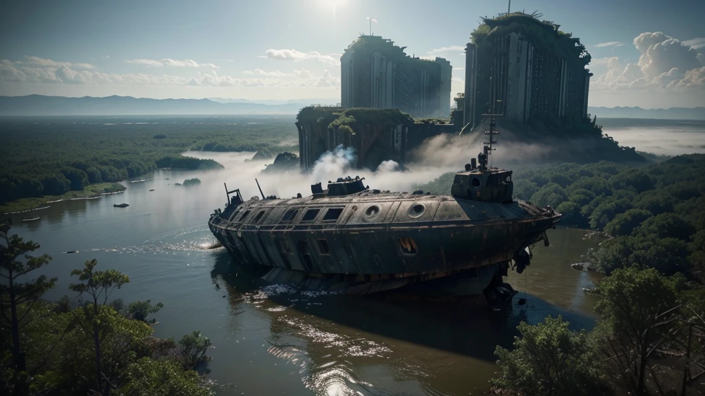 a sunken boat in the middle of a forest with trees and fog in the, stunning vfx, incredible vfx, an intact ancient alien ship, epic cinematic matte painting, alien ship wreck, insanely detailed matte painting, ruined alien structures, from a 2 0 1 9 sci fi 8 k movie, an immense floating castle, destroyed ship, epic and cinematic view, still from a live action movie, abandoned rocket ship, spectacular cinematic scene, aerial footage, very realistic cinematic, hyperrealistic matte painting, very detailed cinematic, highly detailed vfx, drone footage