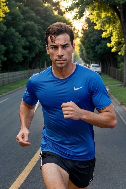 "A man in his mid-30s, wearing a blue athletic shirt and black running shorts, is running on a suburban road during the early morning. The sun is just beginning to rise, casting a golden glow over the scene. The road is lined with trees and well-kept houses, with a few cars parked along the side. The man appears focused and determined, with sweat visible on his forehead and a look of concentration on his face. The air is cool, and a slight breeze ruffles his hair as he runs."