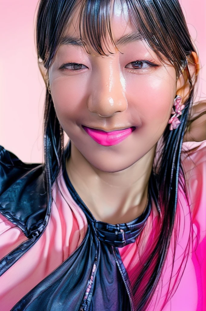(((masterpiece:1.5),(highest quality:1.5),(Very detailed:1.5),(High resolution:1.5),(Realistic:1.5),(Realistic:1.5),(Delicate depiction),(Gentle colors))),8k,wallpaper,break,1 girl,New Female Emo Girl,(Face close-up:1.5),(front),Japanese,Bob,((Jet Black Hair:1.5)),(Beautiful Hair:1.5),(Shiny Hair:1.3),(Detailed hair drawing:1.2),(Peek into:1.5),(Fine skin:1.5),(Shiny skin:1.3),(Beautiful Face:1.5),(Cute Face:1.5),(smile:1.5),(Mouth closed smug expression:1.5),(Beautiful Lips),((Wearing a fashionable jacket:1.5)),((Wearing a cute shirt:1,5)),(Wearing emo clothes),(Wearing pink heart earrings),(Black and hot pink colored clothes),(Pink background:1.5),((Dark room:1.5)),(((Blur the background:1.5)))