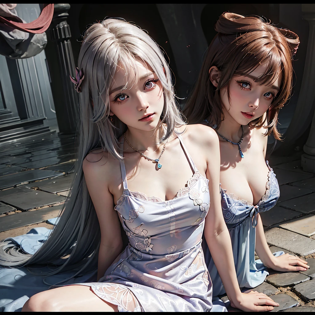 (msterpiece:1.3), (8k, RAW photo, best quality: 1.4), beautiful face, beautiful hairstyle, beautiful detailed eyes, beautiful skin, absurdres, attractive, ultra high res, highly detailed,NSFW, 3 girls in abandoned underground basement, big breast,facial close up,necklace,arms behind back,evil smile,knife,light long hair, ultra detailed skin,Heavy makeup, flower hairpin, naked,colorful patterned lace dress, dirty ground,on a rock,bondage,dirty rock,half body,
