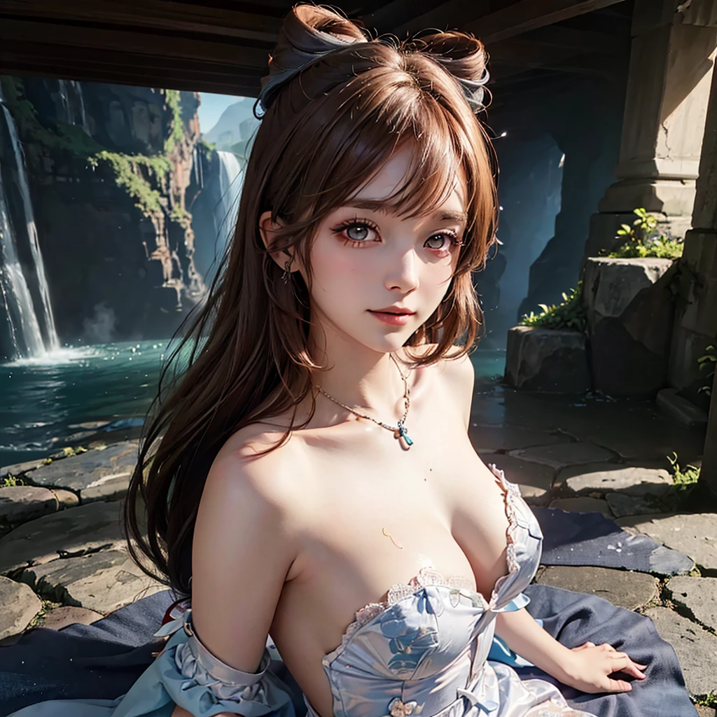 (msterpiece:1.3), (8k, RAW photo, best quality: 1.4), beautiful face, beautiful hairstyle, beautiful detailed eyes, beautiful skin, absurdres, attractive, ultra high res, highly detailed,NSFW, 3 girls in abandoned underground basement, big breast,facial close up,necklace,arms behind back,evil smile,knife,light long hair, ultra detailed skin,Heavy makeup, flower hairpin, naked,colorful patterned lace dress, dirty ground,on a rock,bondage,dirty rock,half body,