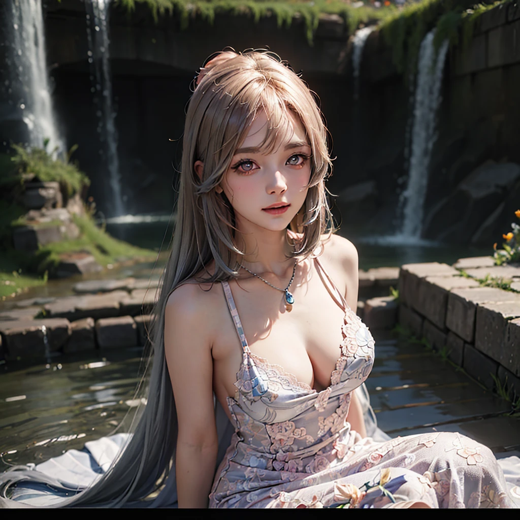 (msterpiece:1.3), (8k, RAW photo, best quality: 1.4), beautiful face, beautiful hairstyle, beautiful detailed eyes, beautiful skin, absurdres, attractive, ultra high res, highly detailed,NSFW, 3 girls in abandoned underground basement, big breast,facial close up,necklace,arms behind back,evil smile,knife,light long hair, ultra detailed skin,Heavy makeup, flower hairpin, naked,colorful patterned lace dress, dirty ground,on a rock,bondage,dirty rock,half body,