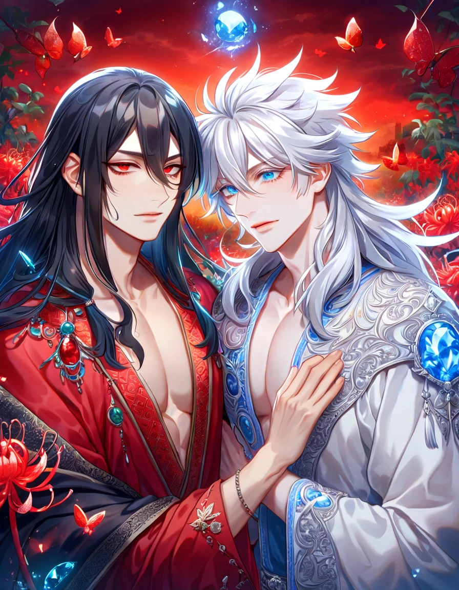 absurdres, highres, ultra detailed, HDR, master piece, best quality, extremely detailed face, delicated features, Xue Yu, untamed spiky hair, black hair, long hair, hair between the eyes, expressive red eyes, Thousand Years War, Gojou Satoru, white hair, expressive blue eyes, two sexy men together, gay couple, yaoi, handsome, toned chest, black cape, red robes, white robes, accessories, patterns, red sky, red butterflies, red spider lilies, fantasy, magic, envy magical, garden