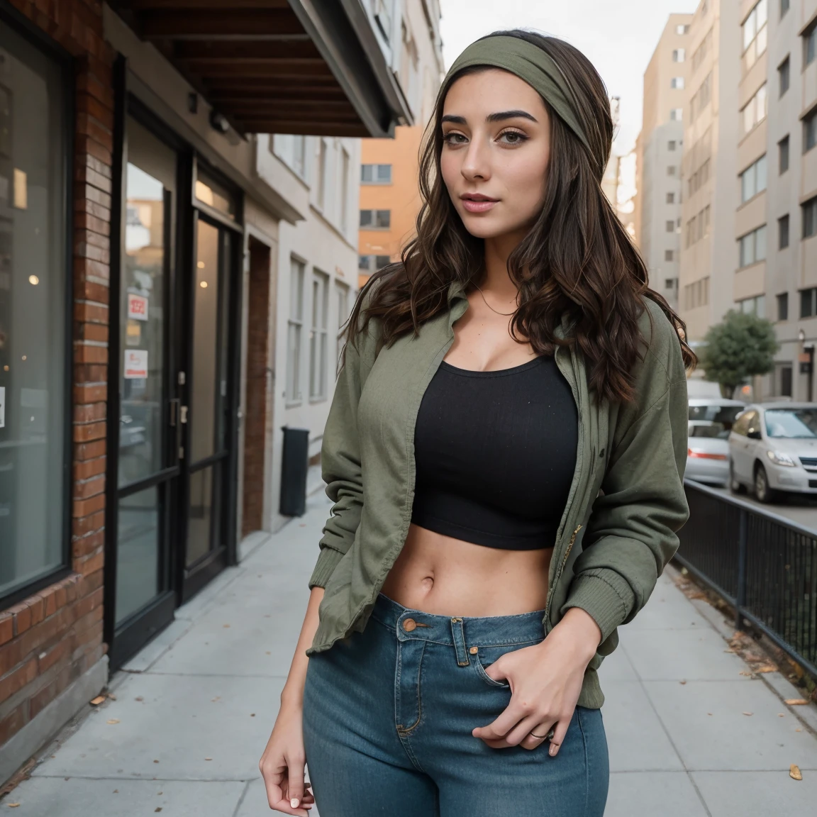 Extremely busty thin and toned brunette photographer, college girl, fair skin, loose side sweep, soft face, athletic, bandana babushka headwrap, tight olive green casual windbreaker, skinny jeans. standing in front of her apartment building, outdoors, city, camera bag, cleavage 