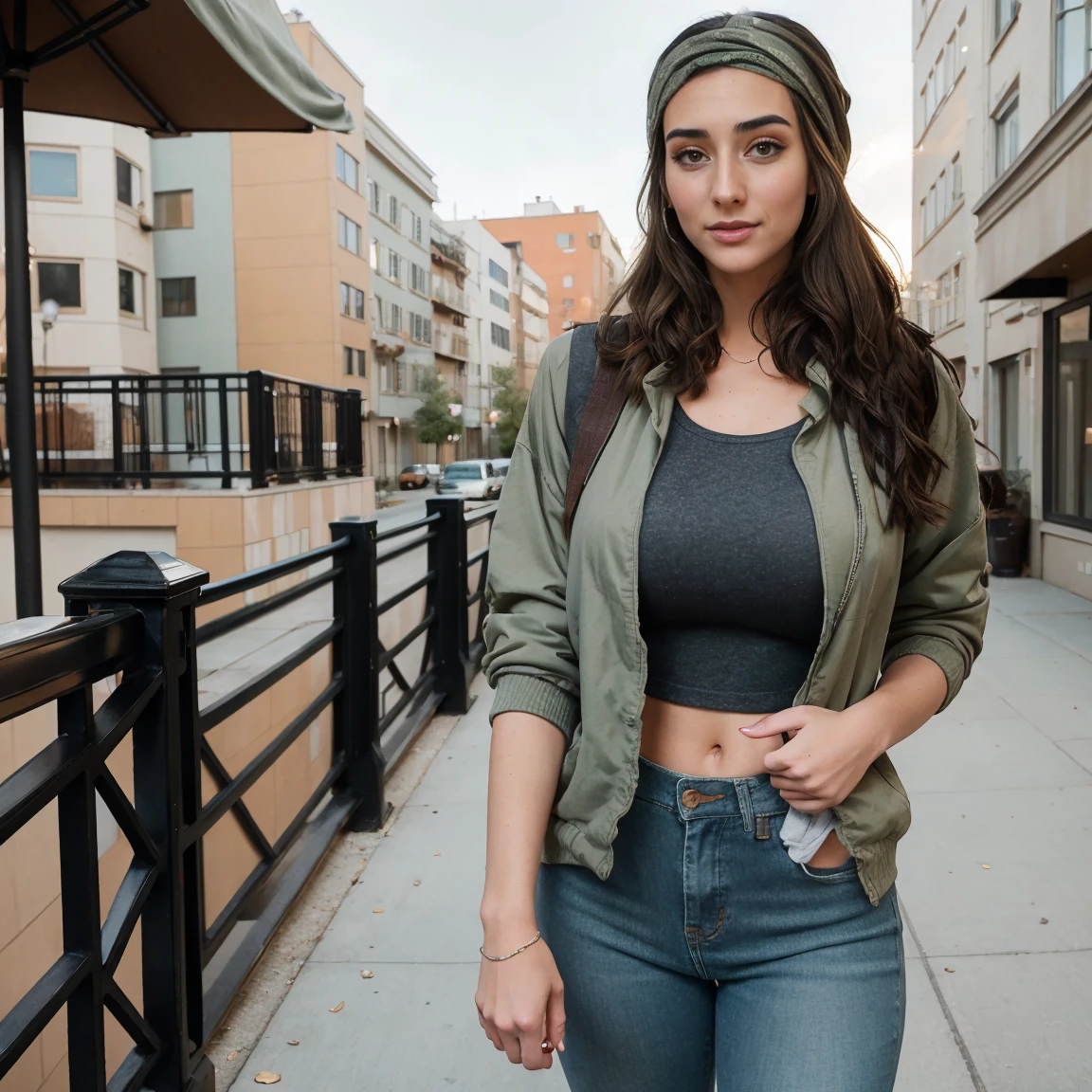 Extremely busty thin and toned brunette photographer, college girl, fair skin, loose side sweep, soft face, athletic, bandana babushka headwrap, tight olive green casual windbreaker, skinny jeans. standing in front of her apartment building, outdoors, city, camera bag, cleavage 