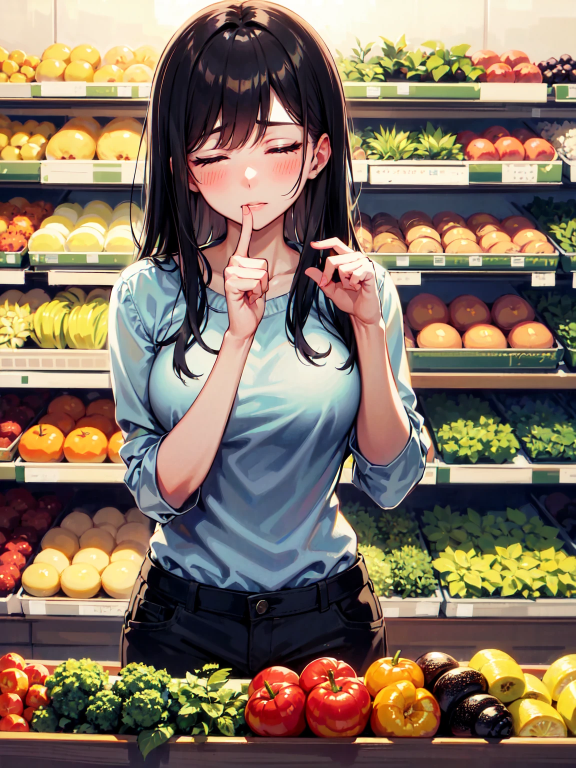 detailed young mother, low side tail hair, hand on cheek, finger on cheek, closed eyes, troublesome face, sigh, expensive vegitable, supermarket, absurdres, 8k, detailed plants