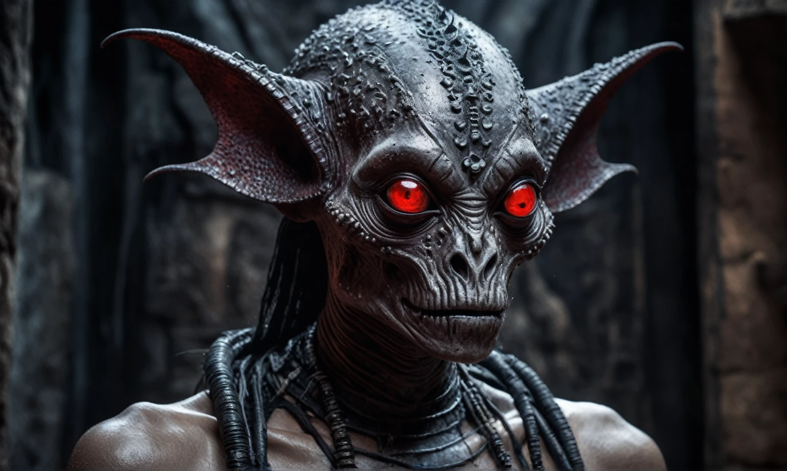 full body length shot,nerd graphite  Alien Entity,native africa slave ,nowadays azctec central city,Cinematic,soft colors, Technicolor,natural skin textures, hyper realism, hyper detailed,Extremely detailed,High contrast,Masterpiece,Realistic,Ultra Detailed, intricate details,realistic humid leather,extremely intricate details,Epic Realistic, cinematic style, irina yermolova,high contrast,hdr,extremely detailed, [deep night landscape],masterpiece, intricate details, eyes extremely detailed, high detailed eyes,8k resolution,retina, Nikon Z9,Korea,orc,Egypt, Pisces, transition between two art styles, Double contact, X-ray, Creative, vivid light, fantasy, Abstract, Surrealism, super detailed, high resolution,insanity national folk wear,skin  almost translucent, gothic elements, further emphasizing its dark air,Mestichino,Light particles,chaos,starfish's leather,Angkor Wat of Cambodia,"(The best lighting, dark, dramatic),(alien skull fetus, Hellraiser, Scars, , sexy, brain, blood, a rat inside the head, terror.),(Red eyes, calaveras). morning light.

