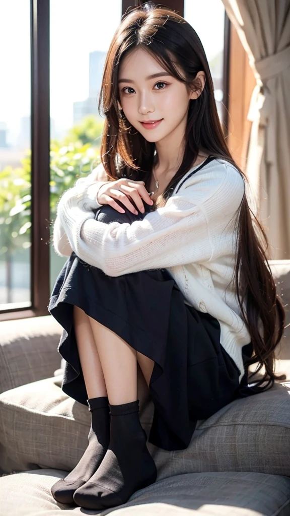 ulzzang -6500-v1.1, (Raw photo:1.2), (Photorealsitic), a beautiful detailed girl, (Real: 1.4), ((hugging owns legs)), extremely detailed eye and face, beatiful detailed eyes, ((Neat and clean dress、sitting on a sofa))、((Ultra-realistic stockings:1.2)), from the side, Skirt and thighs、huge filesize, hight resolution, ighly detailed, top-quality, [​masterpiece:1.6], illustratio, ighly detailed, nffsw, finely detail, top-quality, 8k wallpaper, Cinematographic lighting, 1girl in, , perfect body type, cute droopy eyes beautiful big eyes、Pieckfinger, ((masutepiece)), Best Quality, 1girl in, eye shadow, Upper body, Portrait, ((FULL BODYSHOT:1.4))、(Very affectionate smile:1.2)、realistic skin textures、shinny skin、Exposed thighs!!!
