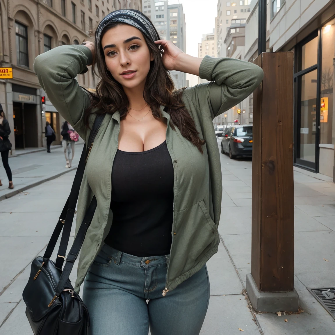 Extremely busty thin and toned brunette photographer, college girl, fair skin, loose side sweep, soft face, large breasts, athletic, bandana babushka headwrap, tight olive green casual windbreaker, skinny jeans. standing in front of her apartment building, outdoors, city, camera bag, cleavage