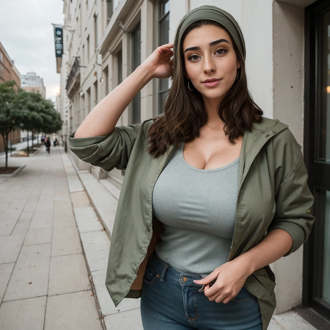 Extremely busty thin and toned brunette photographer, college girl, fair skin, loose side sweep, soft face, large breasts, athletic, bandana babushka headwrap, tight olive green casual windbreaker, skinny jeans. standing in front of her apartment building, outdoors, city, camera bag, cleavage