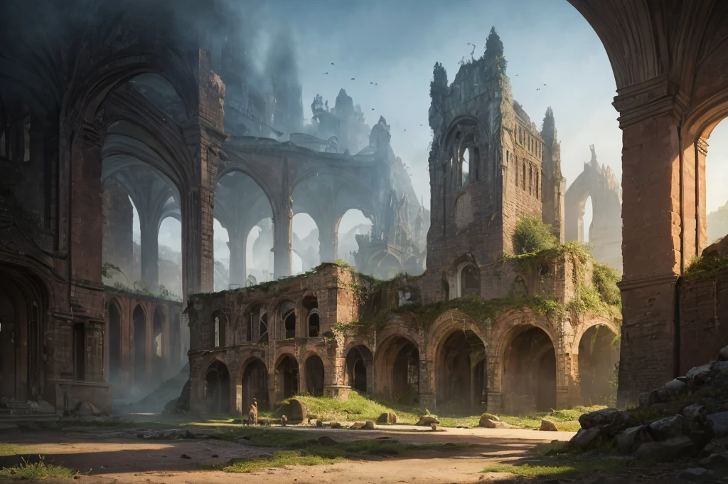 a detailed fantasy landscape, enchanted forests, majestic mountains, inspired by tolkien, in the style of john howe, ruins, ruined fortress, best quality, 4k, 8k, highres, masterpiece:1.2, ultra-detailed, realistic, photorealistic, photo-realistic:1.37, hdr, uhd, studio lighting, ultra-fine painting, sharp focus, physically-based rendering, extreme detail description, professional, vivid colors, bokeh, cinematic