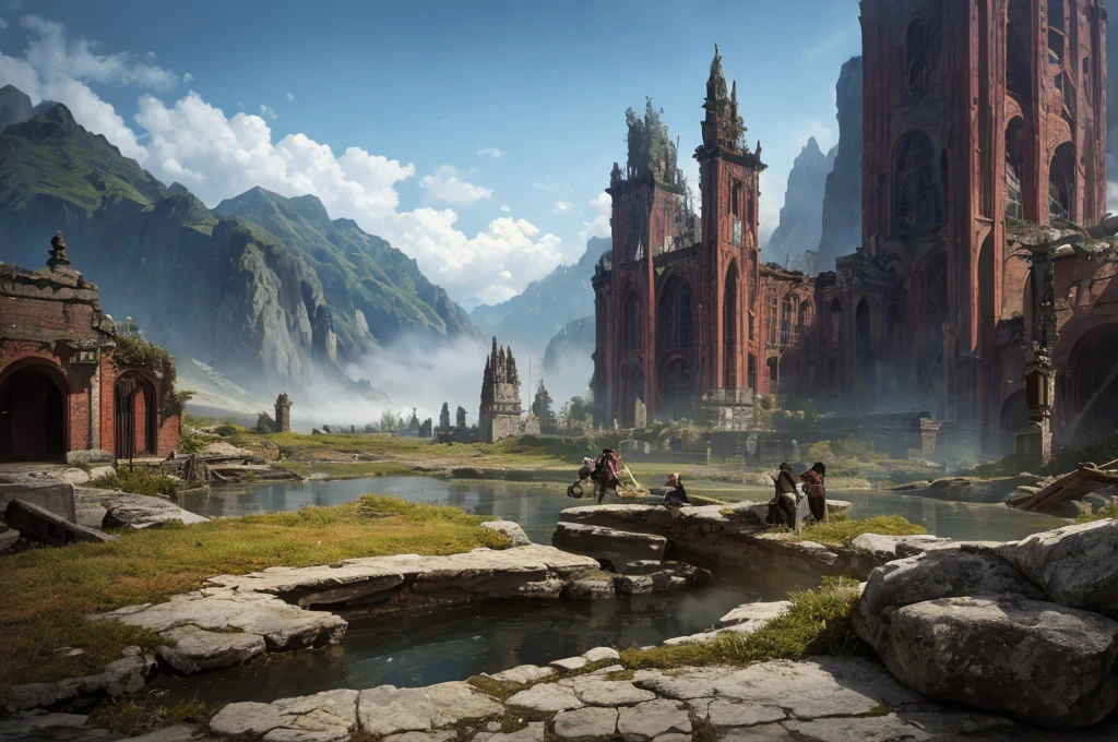 a detailed fantasy landscape, enchanted forests, majestic mountains, inspired by tolkien, in the style of john howe, ruins, ruined fortress, best quality, 4k, 8k, highres, masterpiece:1.2, ultra-detailed, realistic, photorealistic, photo-realistic:1.37, hdr, uhd, studio lighting, ultra-fine painting, sharp focus, physically-based rendering, extreme detail description, professional, vivid colors, bokeh, cinematic