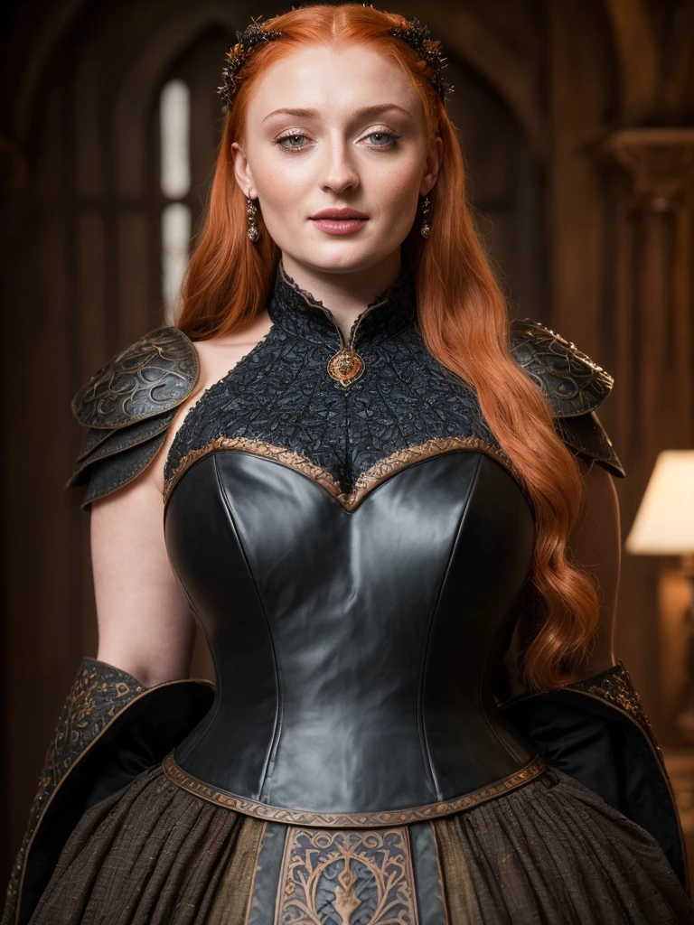 Face of Sophie Turner, Sansa Stark played by Sophie Turner, the de facto Lady of the Eyrie, is a 50-year-old mature queen with a stunning, alluring appearance, mommy figure, wide body, heavy figure, fleshy bulky figure, Full Face, Full figured woman, pierced eyes, reddish lips, upper body shot, erotic Mediaeval costumes, game of thrones costumes, She wears a Game of Thrones-inspired costume and has a deep cleavage, a perfect thick body, and a perfect thick figure. The photograph captures her in a close-up, with her skin texture and facial features being ultra-realistic and realistic. Juicy thick figure, high quality skin, Skin pores, amazing details, snow, snow flakes, semi realistic, extremely detailed eyes, dark moody orange and black settings, cool environment, artificial intelligence