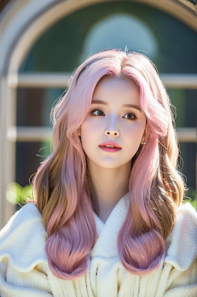 Elara is renowned across the empire for her beauty and charm. Her doe-like eyes, porcelain skin, and ((pink wavy hair:1.5)) that resembles clouds make her stand out. She speaks with a small, and charming voice that captivates everyone around her. Her role as the only daughter of a duke gives her a unique standing in the empire, respected yet limited in power compared to the royals. She is a Korean