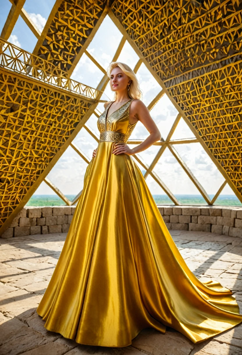 blonde woman, Ukraine, FLORIAN, wide golden dress, inside the pyramid.