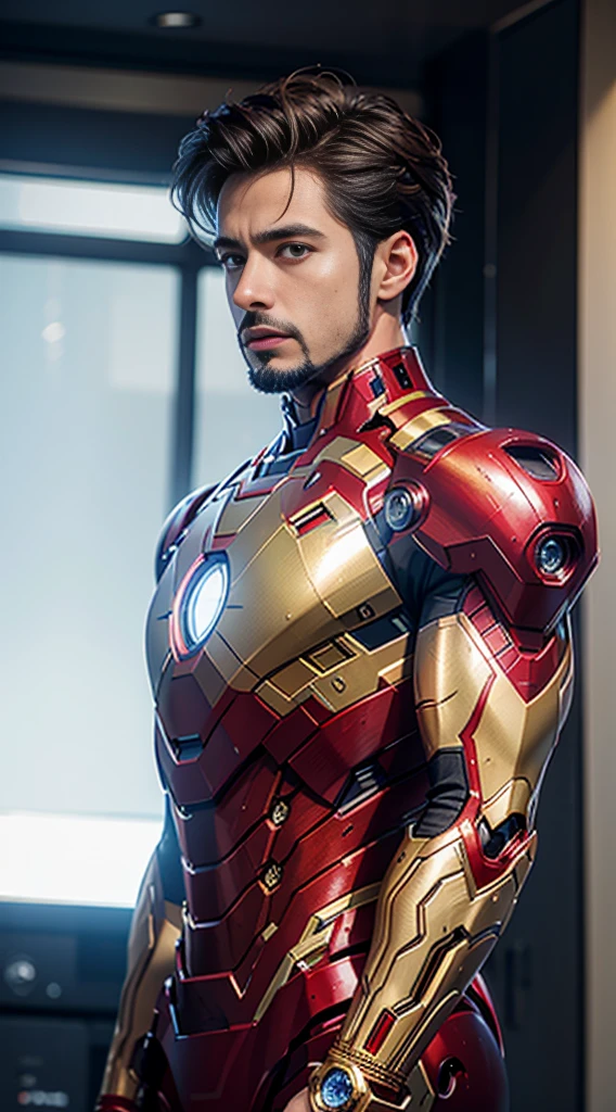8k, realistic, attractive, highly detailed, a 25 year old man french crop hairstyle, and attractive man inspired by Iron Man wearing a shiny Iron Man mech, perfectly interpreting Iron Man's strength and charisma. The abandoned warehouse serves as a backdrop, creating a unique atmosphere that highlights her bravery and perseverance. The tall buildings and buildings on the street exude the unique charm of cyberpunk, and the neon light outlines the outline of the city, which sets off the powerful strength and personality charm of Iron Man. This high-definition, high-quality picture will bring you stunning visual enjoyment, a perfect combination of sexy, futuristic and sci-fi elements. oc rendering, dramatic lighting, award winning quality