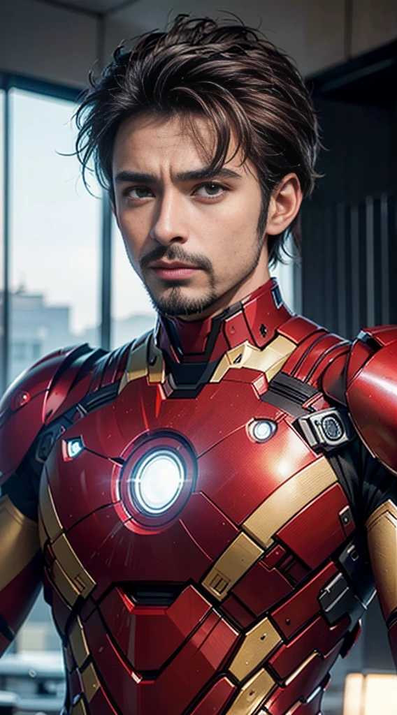 8k, realistic, attractive, highly detailed, a 25 year old man french crop hairstyle, and attractive man inspired by Iron Man wearing a shiny Iron Man mech, perfectly interpreting Iron Man's strength and charisma. The abandoned warehouse serves as a backdrop, creating a unique atmosphere that highlights her bravery and perseverance. The tall buildings and buildings on the street exude the unique charm of cyberpunk, and the neon light outlines the outline of the city, which sets off the powerful strength and personality charm of Iron Man. This high-definition, high-quality picture will bring you stunning visual enjoyment, a perfect combination of sexy, futuristic and sci-fi elements. oc rendering, dramatic lighting, award winning quality