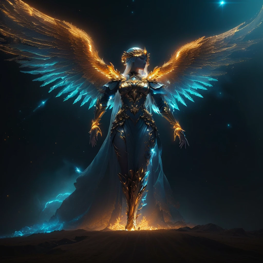 a woman with wings standing in the middle of a field, glowing angelic being, unreal engine render + a goddess, with fiery golden wings, elven angel meditating in space, with fiery golden wings of flame, cosmic horror entity with wings, ethereal angelic being of light, cinematic goddess shot, god. dramatic gold blue lighting, female lord of change, golden wings