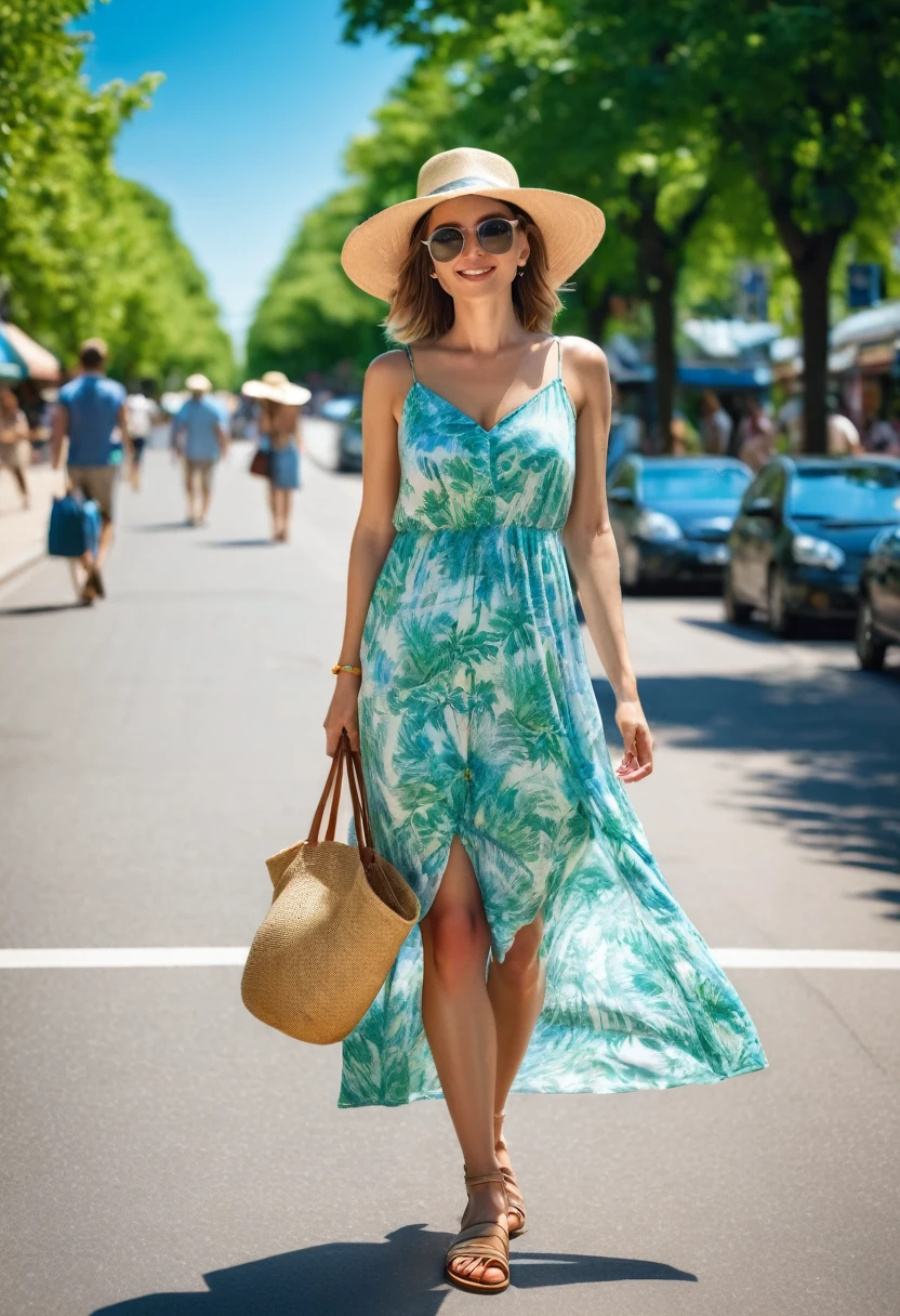 Full-length, stylish woman on the street on a summer day. She is wearing a light summer dress with comfortable sandals. She has a straw hat for sun protection and sunglasses. She is holding a small bag in her hand. The background includes busy streets, green trees, and a bright blue sky. The atmosphere is fresh and full of summer vibes.