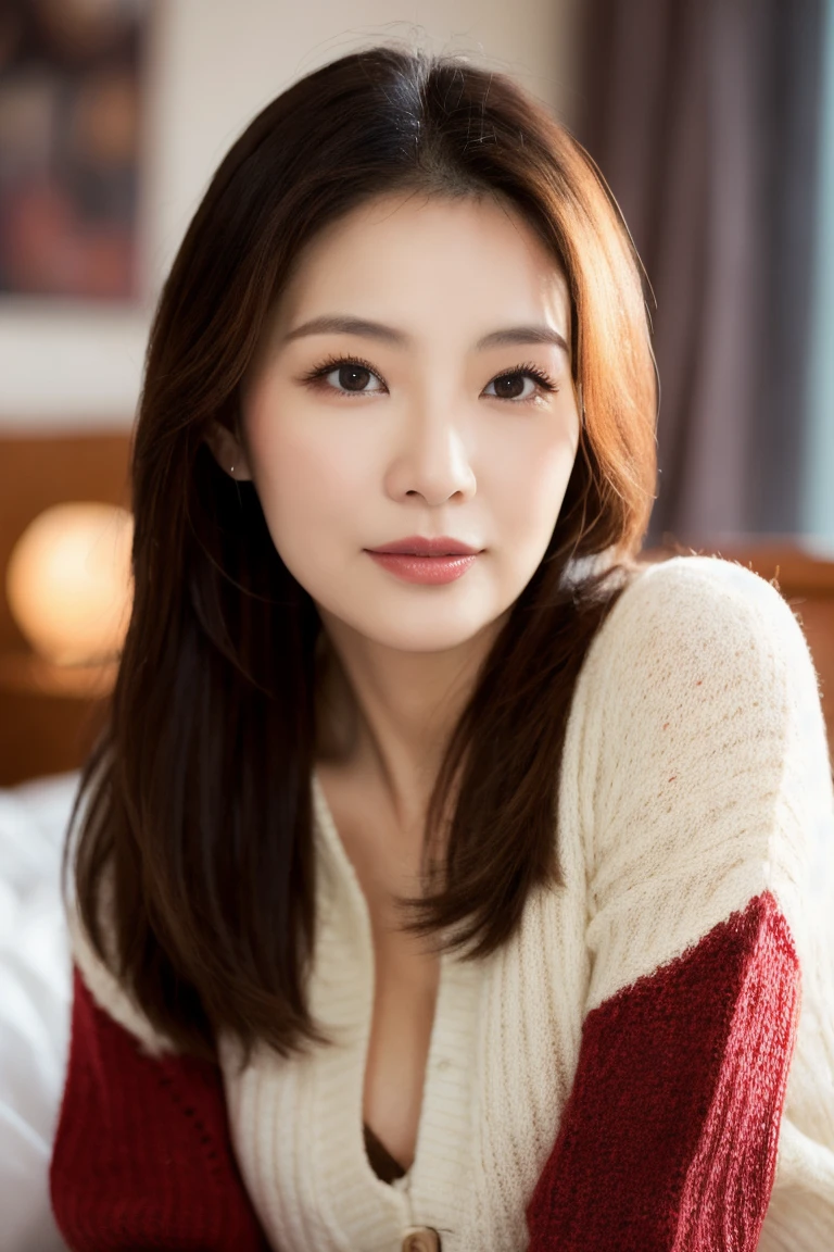Portrait of a middle-aged Taiwanese woman, 40 years old, cute face, Slim, Tortitz, (big sagging:1.1), huge nipples, wear (Sexy sweater:1.2),, Bokeh background, Simple background, (highly refined skin:1.0), (masterpiece:1.2) (lifelike:1.2) (Bokeh) (best quality) (intricate details) (8K) (high dynamic range) (analog film) (canon d5) (movie lighting) (sharp focus),tie a ponytail，Lying in bed