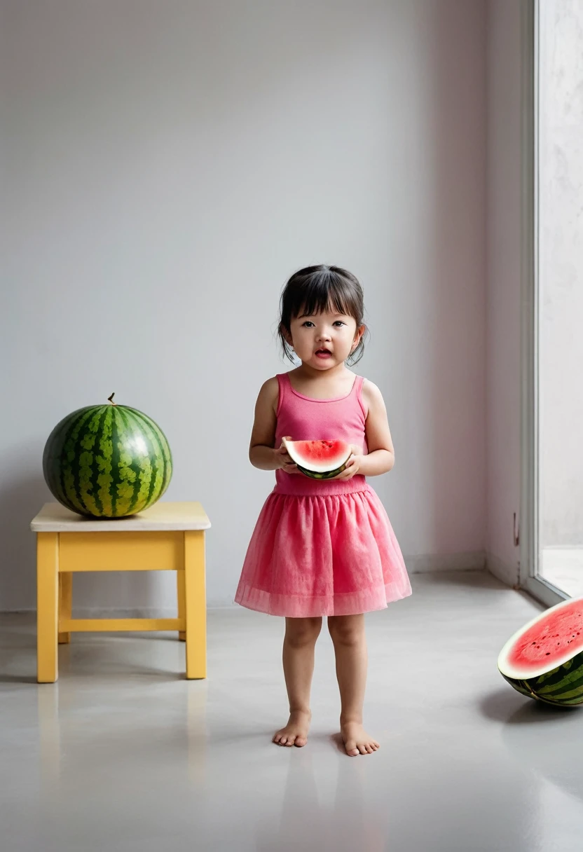 
"Create an image of a  standing in a room with a white floor. The  is wearing only pink underwear and is holding a large slice of watermelon. She has a funny, thoughtful expression on her face as she bites into the watermelon. Ao fundo, there is a gray wall with some stains, a small pink table with colorful toys on top and an open white door that leads to another room. The lighting is bright and the atmosphere is that of a home environment."

Enter this prompt in the Cici app. The more details you provide, the greater the chance that the generated image will resemble the original photo.