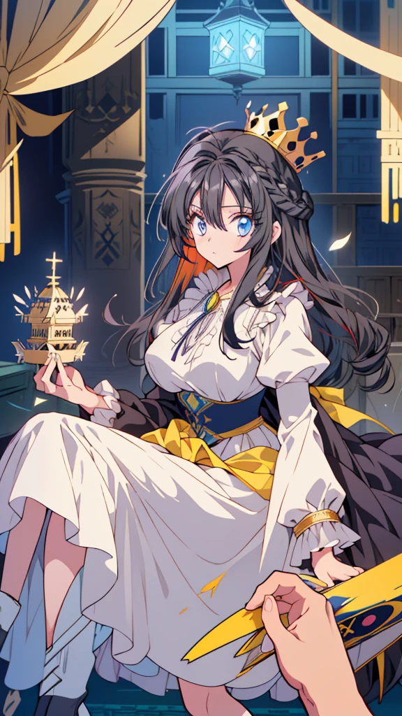 best quality, extremely detailed, anime style adult 1girl, long hair down to the waist, straight hair, ((dark black hair with bluish)),crown braid,beautiful detailed eyes, pinched eyes, dark blue eyes, huge breasts,curvy,(((white main princess colorful dress))),longskirt,Clothing with intricate decorations,feather and colorful accessory,((foppery shoes)),fluttering cloak,animation cap,animated gif,((((castle room)))),((((pov))))