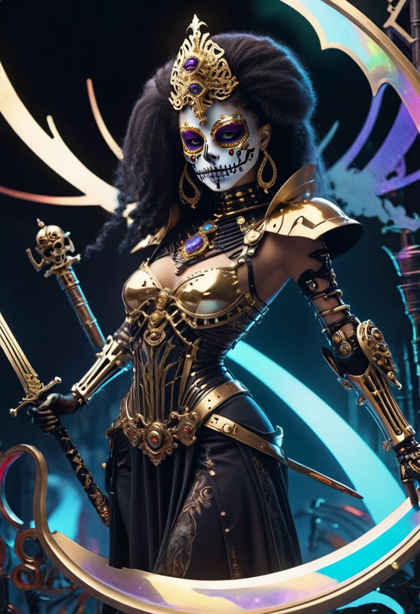 ( High quality , Ultra-detail, carefully with your hand )tarot card, chiaroscuro technique on sensual illustration of an queen of sword, a age fashion model wearing an exo-skeleton mask, vibrant colors, futuristic cyberpunk style, intricate details, cinematic lighting, dramatic pose, an elegant complex bio mechanical onyx and gold, intricate details, official art, unity 8k wallpaper, ultra detailed, beautiful and aesthetic, (in a room with black walls illuminated by violet neon lights :1.1)