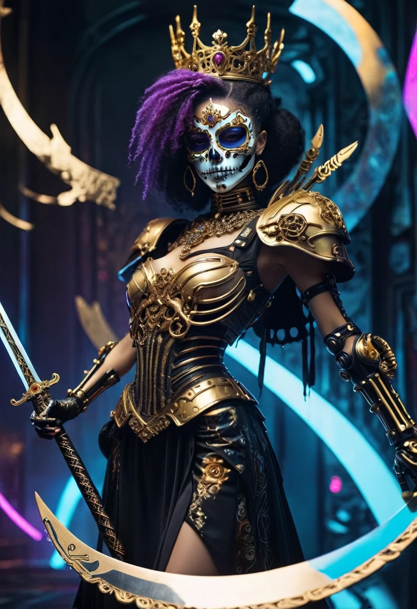 ( High quality , Ultra-detail, carefully with your hand )tarot card, chiaroscuro technique on sensual illustration of an queen of sword, a teenage fashion model wearing an exo-skeleton mask, vibrant colors, futuristic cyberpunk style, intricate details, cinematic lighting, dramatic pose, an elegant complex bio mechanical onyx and gold, intricate details, official art, unity 8k wallpaper, ultra detailed, beautiful and aesthetic, (in a room with black walls illuminated by violet neon lights :1.1)
